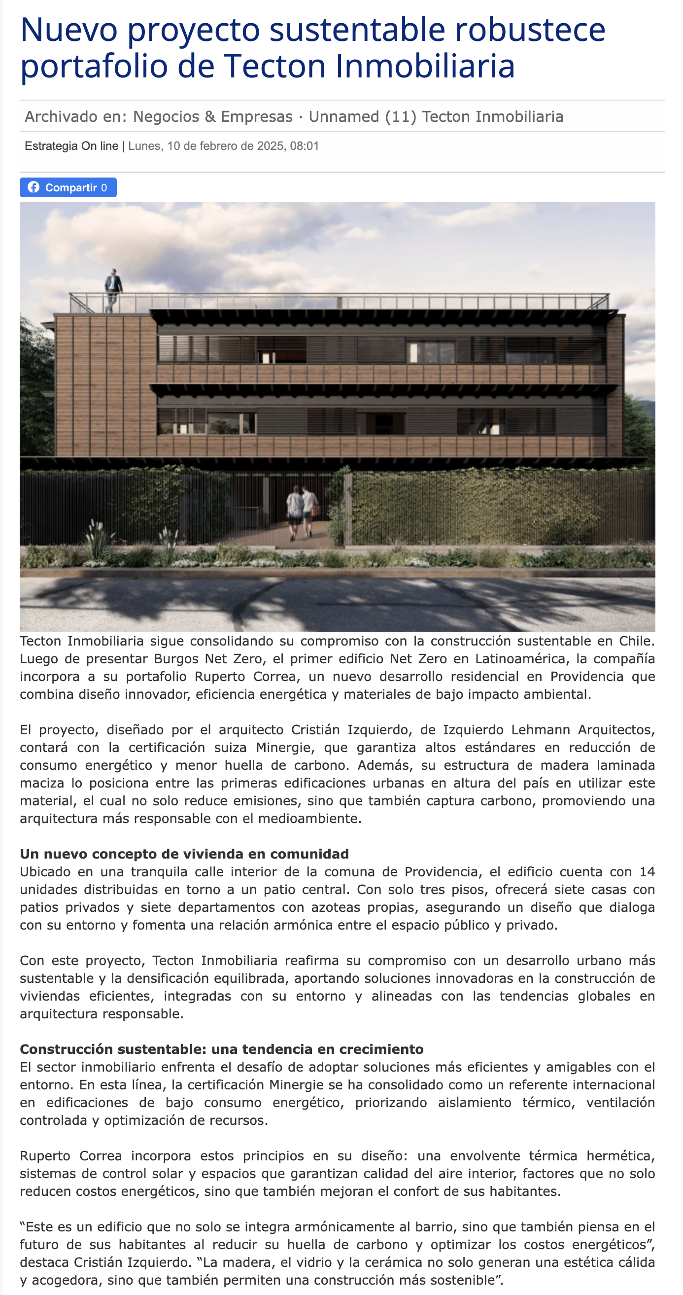 Nuevo proyecto sustentable robustece portafolio de Tecton Inmobiliaria